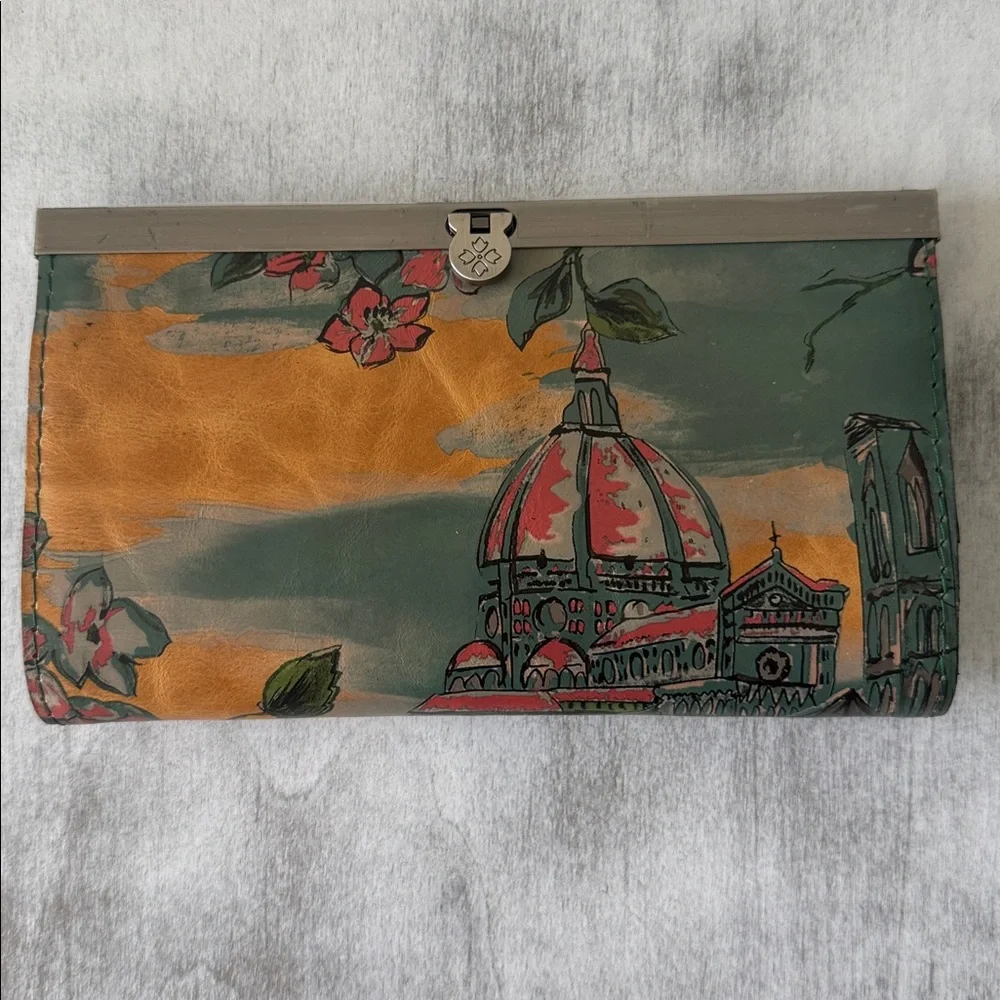 Patricia Nash Cauchy Leather Frame Floral Wallet RFID Beautiful Girl Tan Green